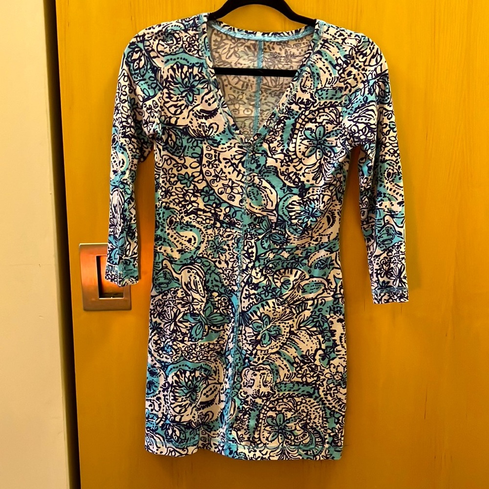 Lilly Pulitzer Juliet T-shirt dress blue, white, & aqua 3/4 sleeve